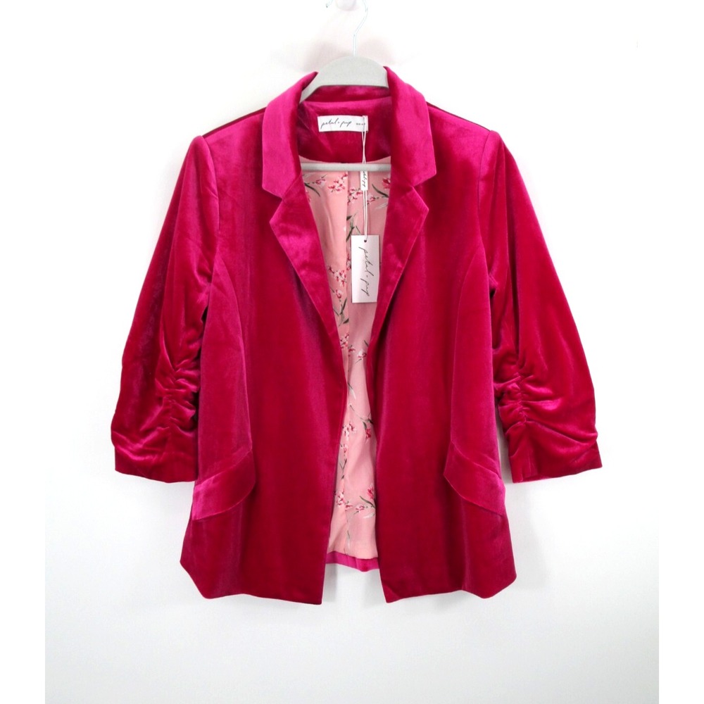 Petal & Pup Vera Velvet Blazer Women XS Magenta Ruched Sleeve Floral Lining NEW